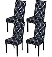 Nuxovilar Dark Blue Gold Line Floral Grid Chair Covers Stretch 23.6x70 Inches - Dining Chair Slip...