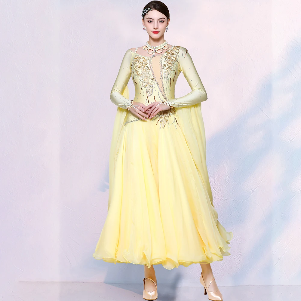 Hellgelbes Walzerkleid, hochwertiges modernes Tanzband, Gesellschaftstanz, neue Wettbewerbsgruppe, Kleidung, Sling-Kleid