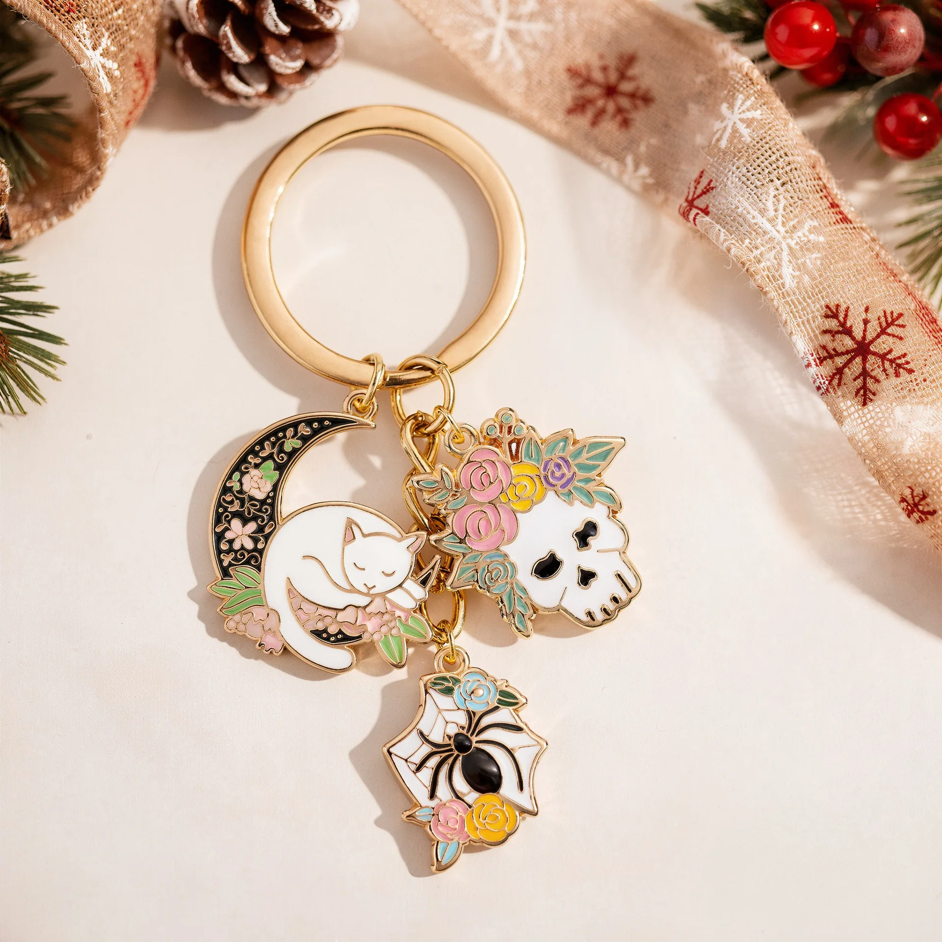 Cute Enamel Cat Skull Pumpkin Bat Ghost Coffin Pendant Keychain Multi Charms Key Ring Bag Charm Halloween Gifts for Men Women