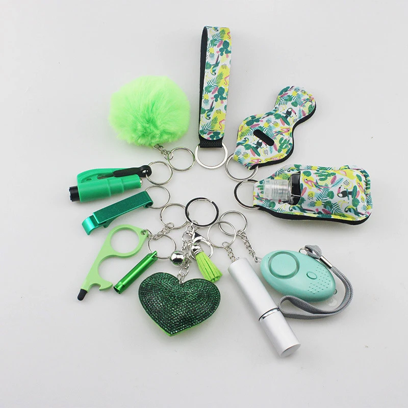 12-piece Set Women Safety Keychain Supply Self Defense Keychain Pom Pom Fur Ball Grabber Self Protection Keychain