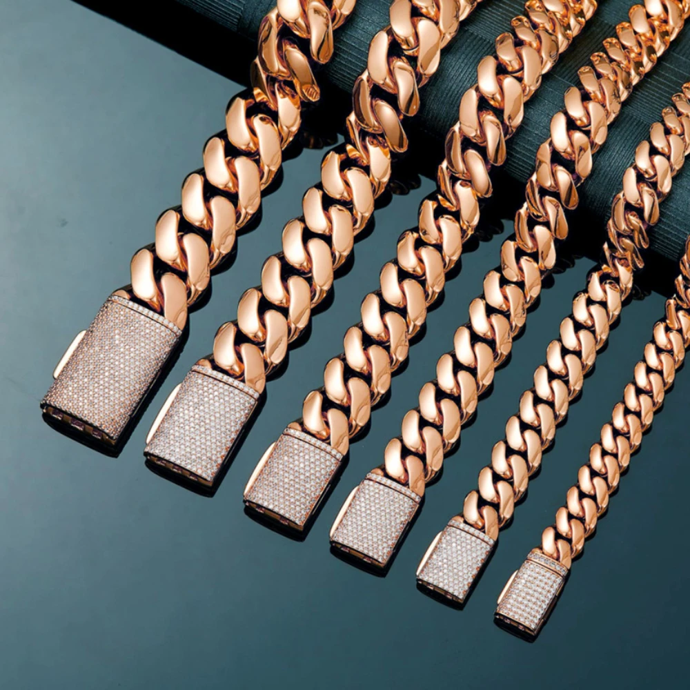 

18K Rose Gold Cuban Chain Women's Necklace with Zircon Clasp, Elegant and Stylish Jewelry Accessory, 12/22 mm