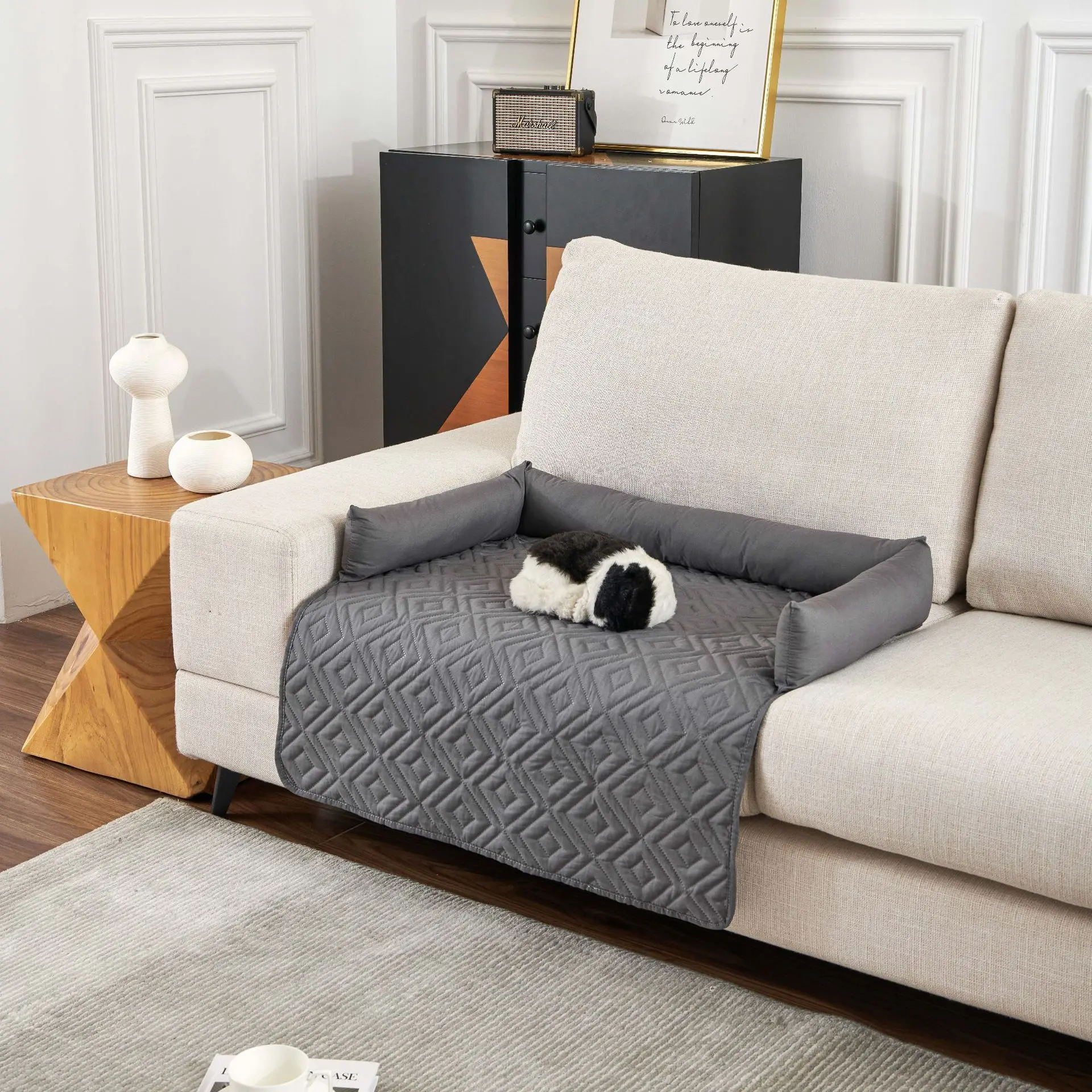 

Custom Waterproof Foldable Solid Color Dog Cover Bed Corner Sofa Protection Plush Pet Mat Cushion With Pillow Crystal Velvet