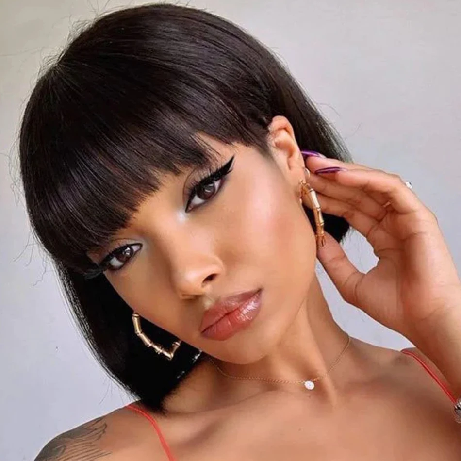 Parrucche Bob non in pizzo per capelli peruviani Parrucca per capelli umani al 100% con botto Parrucca corta in pizzo Bob in pollici di colore naturale per donne nere