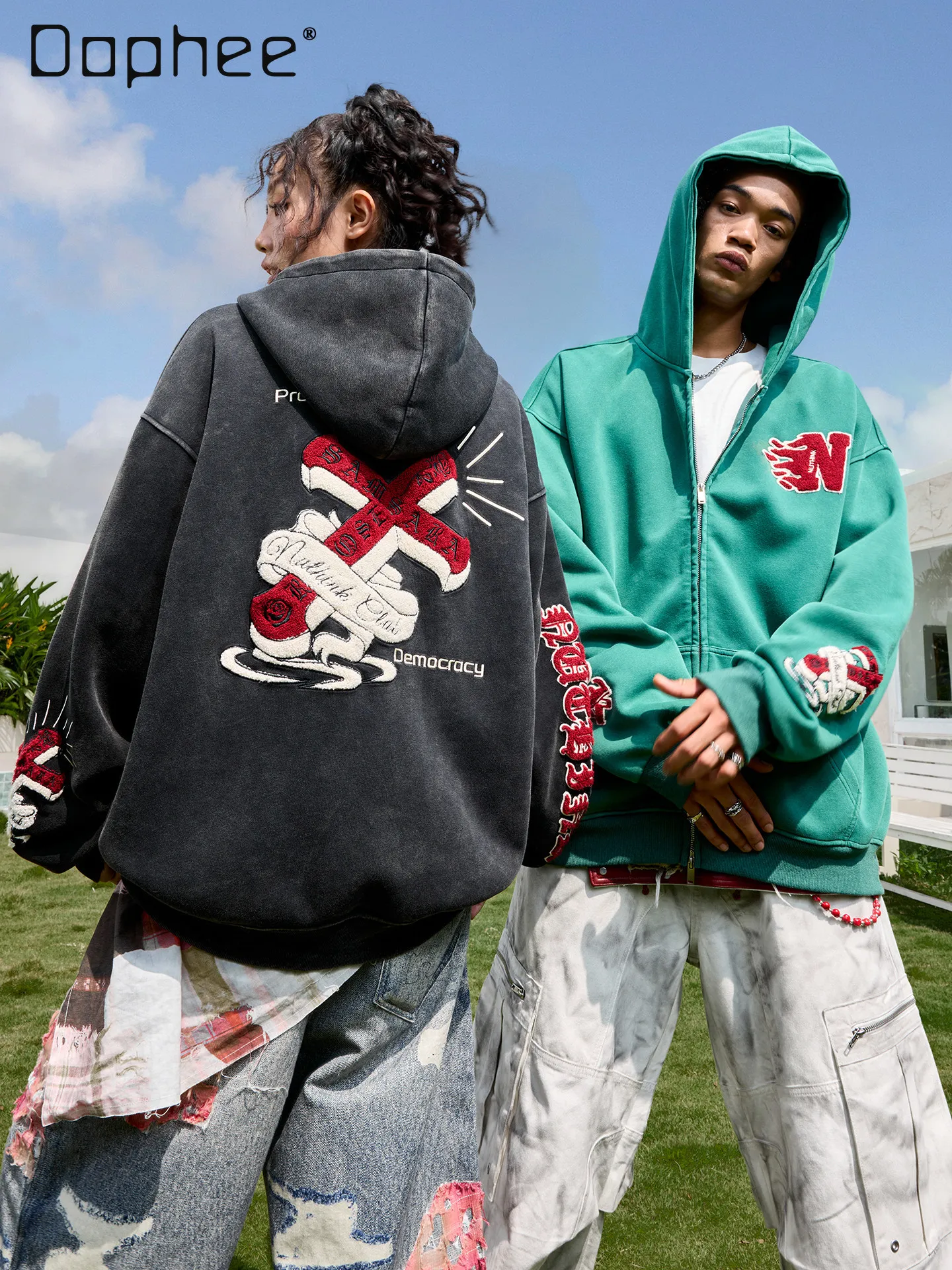 Autumn Winter Men's American Heavy Letter Embroidery Green Hoodie Couple Style Loose Casual Black Velvet Hoodie