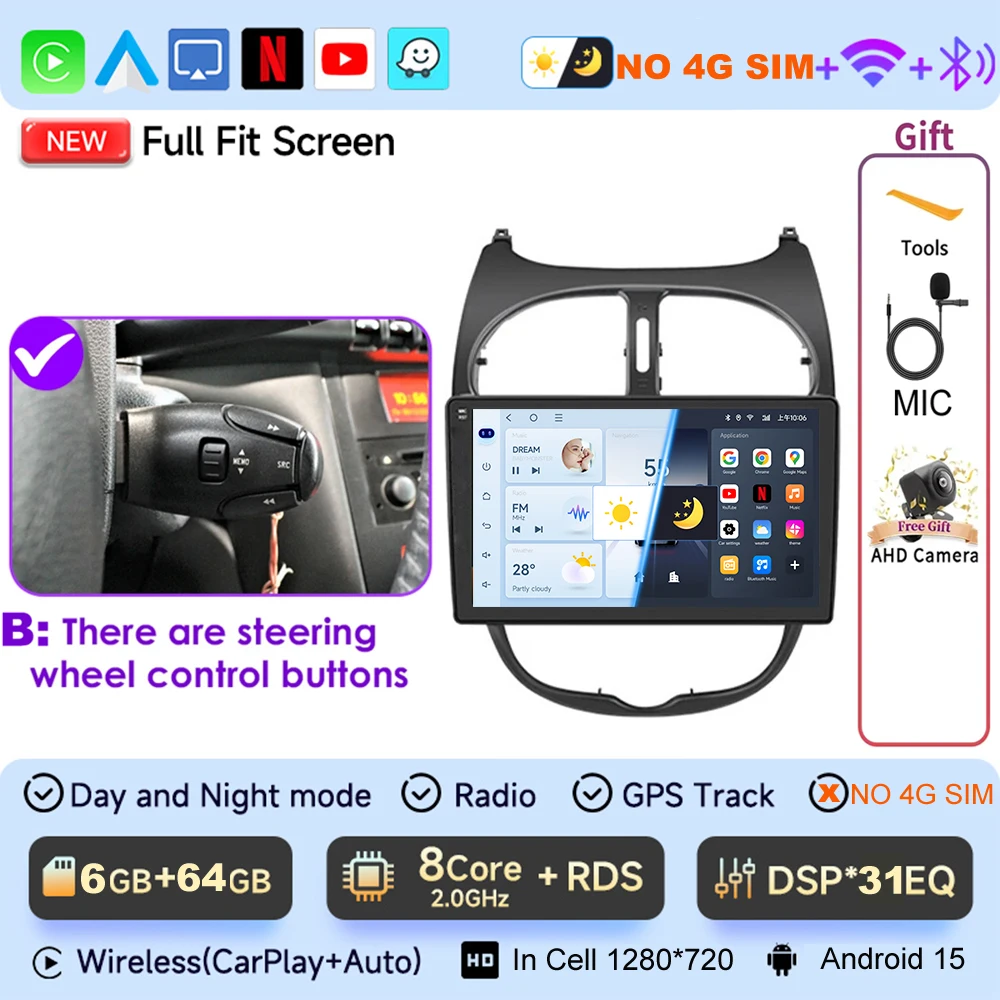 JIUYIN 9“ autoradio voor Peugeot 206 206CC 206SW 2000-2008 Android15 multimedia met CarPlay auto video speler stereo GPS scherm