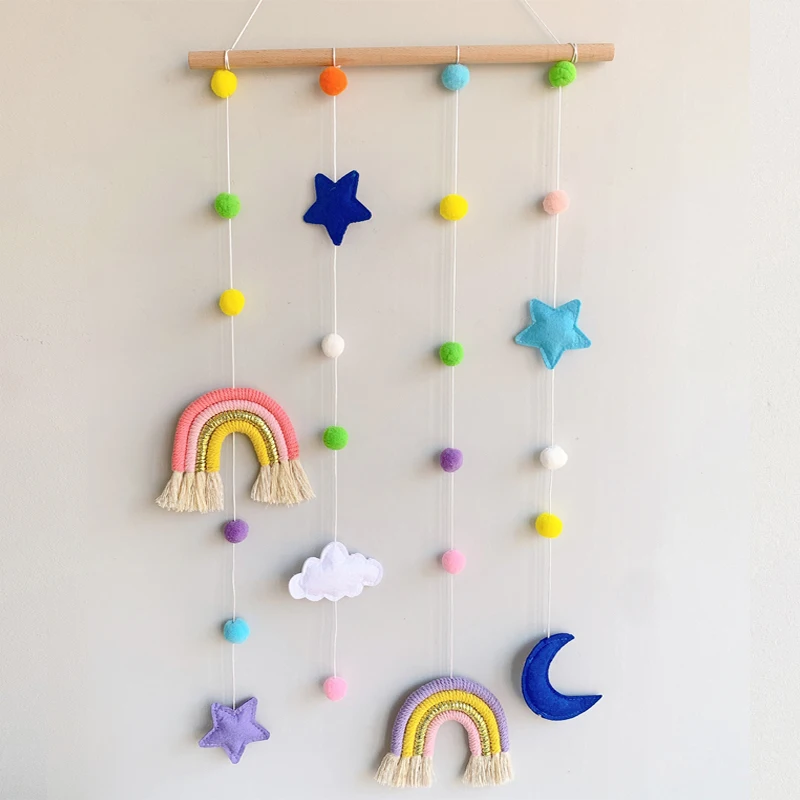 

Children Room Crib Wind Chimes Scandinavian Woven Rainbow Pompom Wall Hanging Pendant Nursery Room Decor Photo Holder Organizer