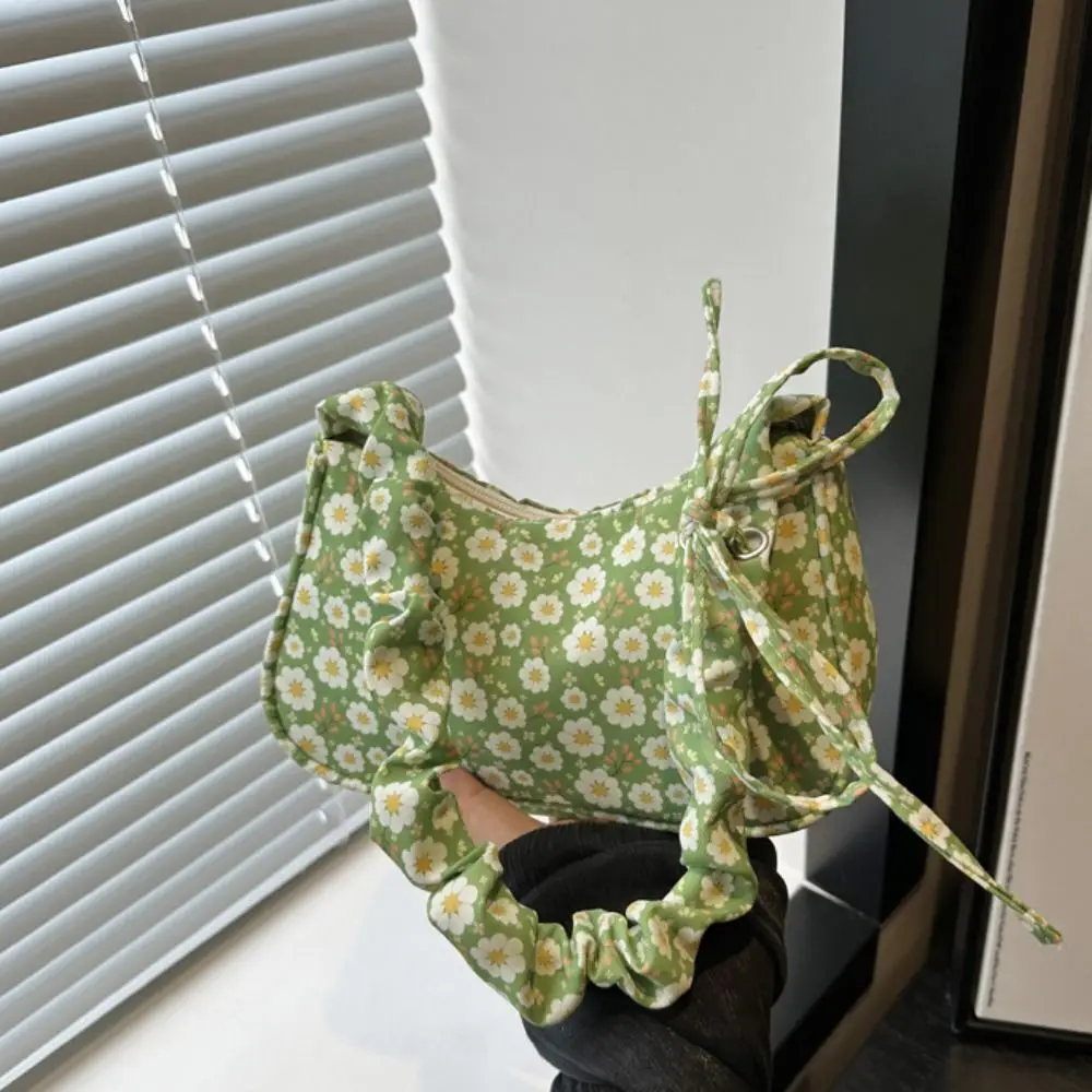 Flower Pattern Printing Shoulder Bag Large Capacity Wrinkle Sweet Canvas Bag Bow Underarm Bag Lovely Tote Bag Outdoor