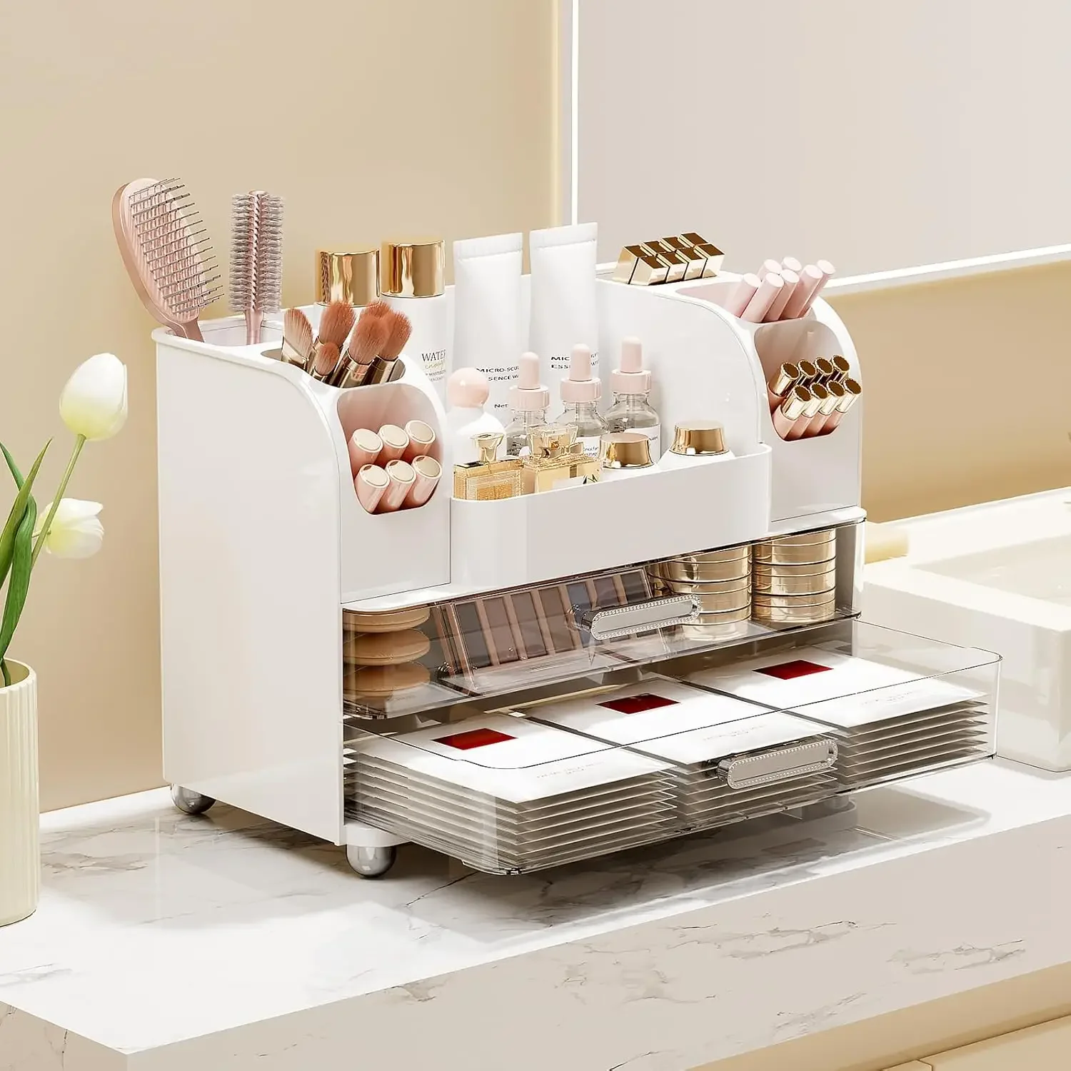 Makeup Organizer Vanity Two Large Drawers Cosmetic Display Case Brush Holders Easy Storage Bathroom Countertop Skincare