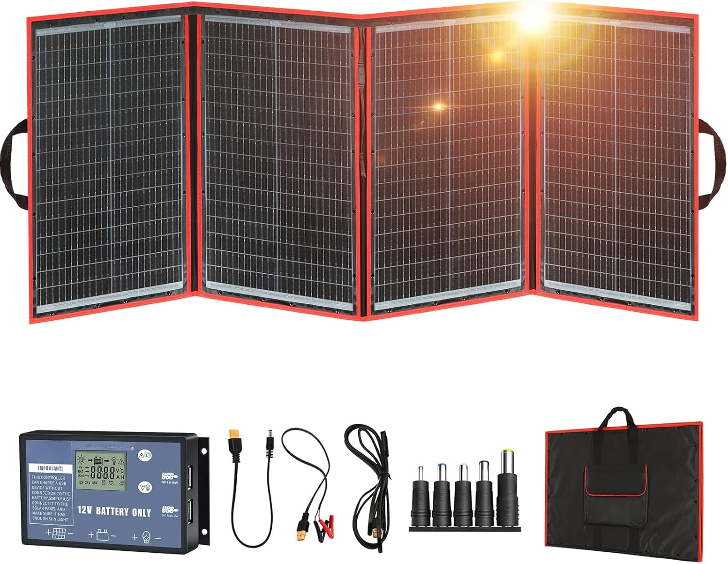 220W 18V Portable Solar Panel Kit Folding Solar Charger with 2 USB Outputs for 12v Batteries