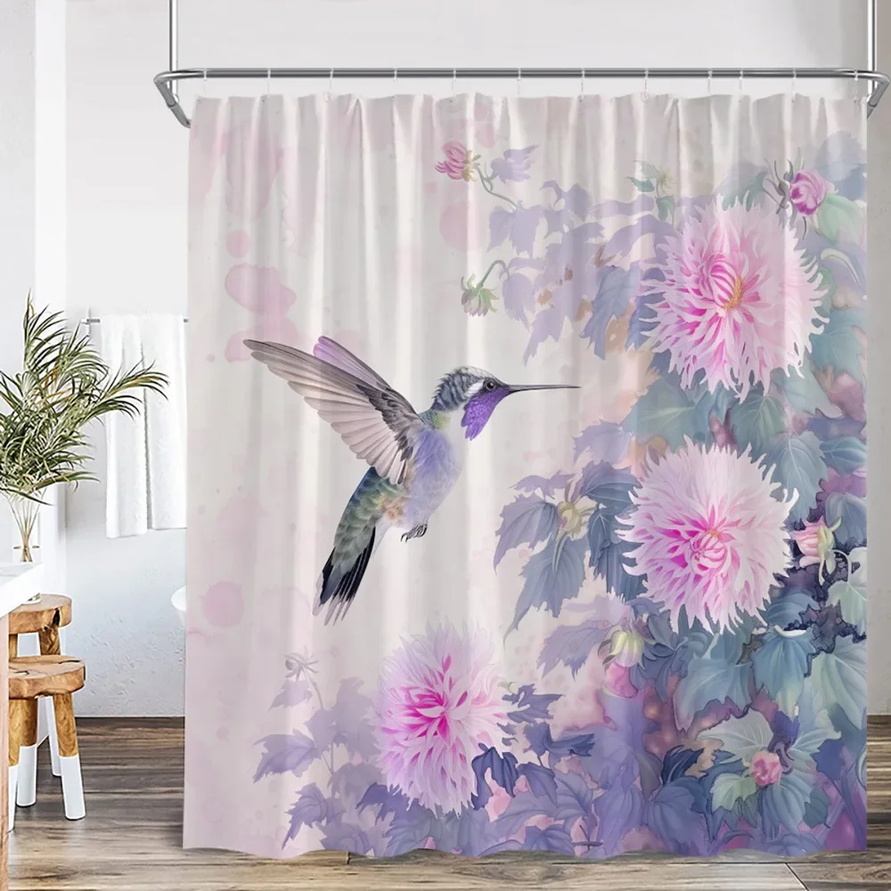 

Hummingbird Purple Flower Shower Curtain Green Plants Floral Bathroom Decor Modern Polyester Fabric Bath Curtain with Hooks