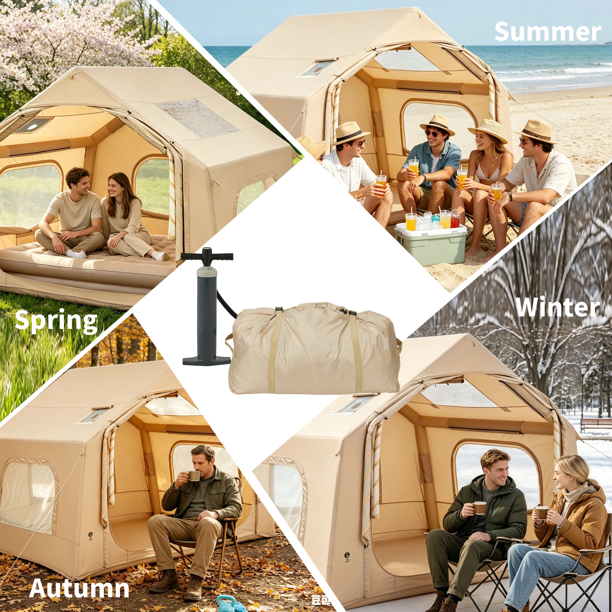 Tienda de campaña inflable para familias, amplia tienda de aire para acampar con bomba de mano, fabricada con PVC de 3 capas, impermeable y resistente al viento, fácil de montar, ideal para exteriores y para 4-6 personas.