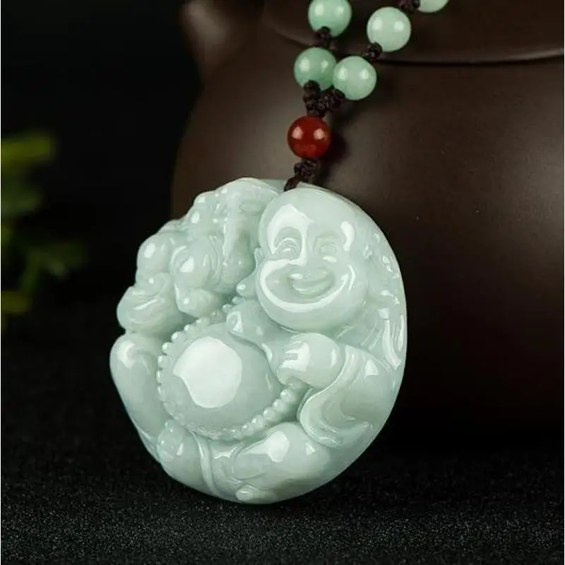 Natural Burmese A-grade Laughing Big Belly Maitreya Pendant Jade Buddha Sweater Chain Necklace