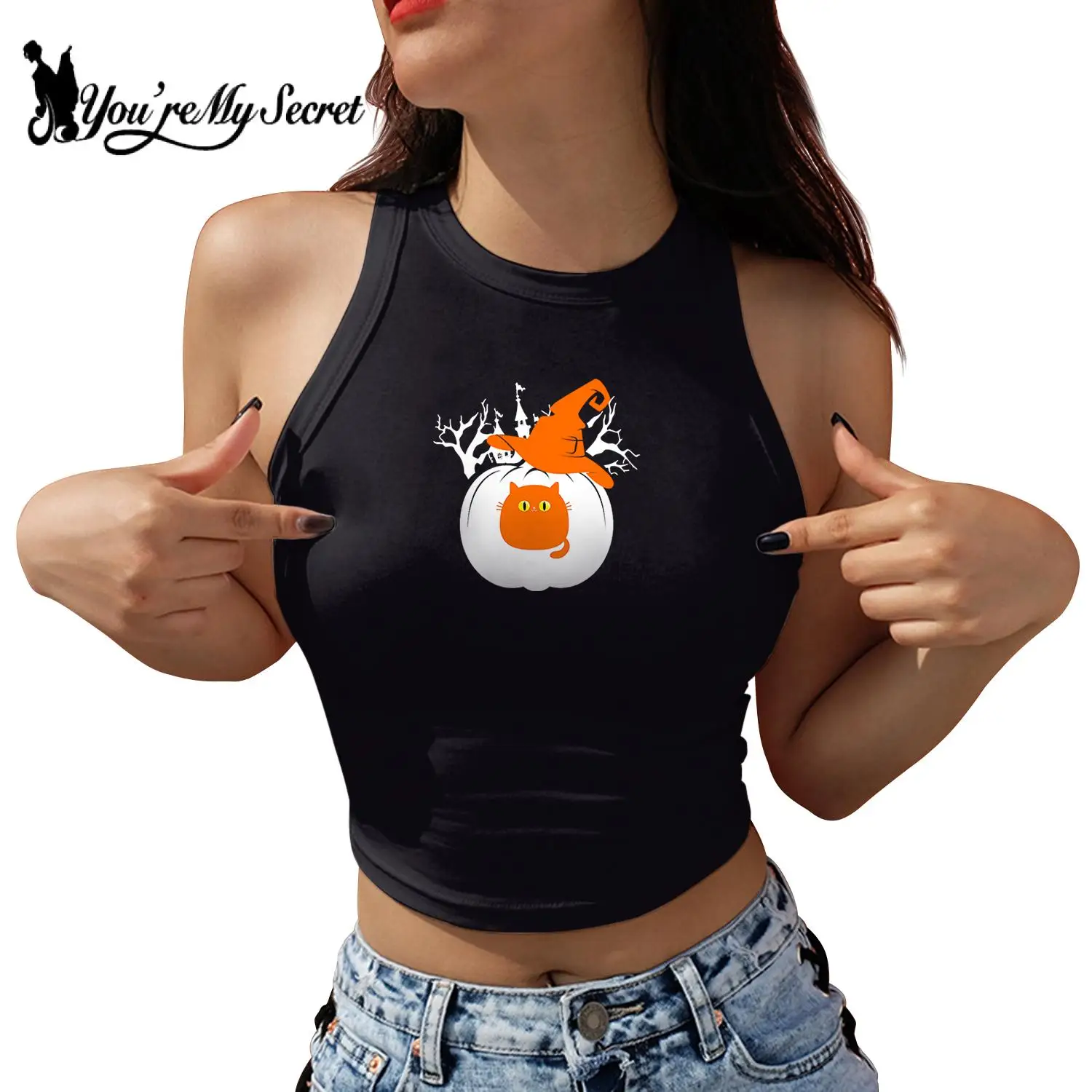 [You're My Secret] Halloween Pumpkin Skull Print Women Crop Top Sexy Sleeveless Tank Tops Gothic Knitted O-Neck Hip Hop Vest