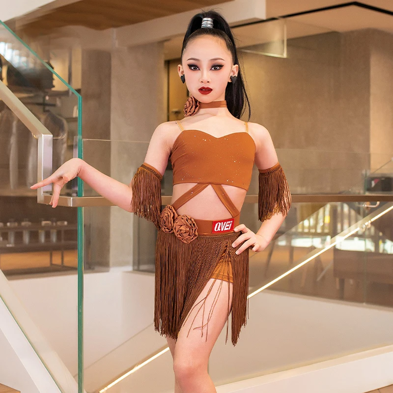 Fashion Latin Dance Competition Costume Girls Latin Dance Fringed Dress Kids Chacha Salsa Professional Dancing Clothes DW10698