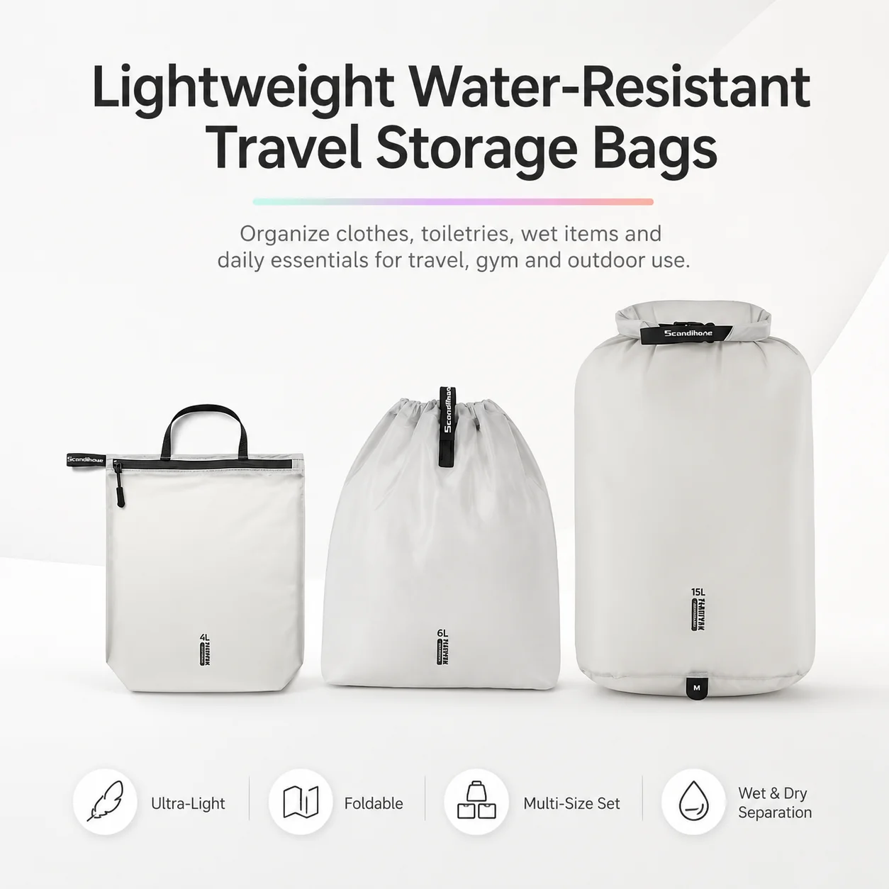 

15D Nylon Waterproof Travel Bag IPX5 Ultra-light Dry Bag Drawstring Pouch Zipper Storage Case for Swimming Fitness Outdoor Sport