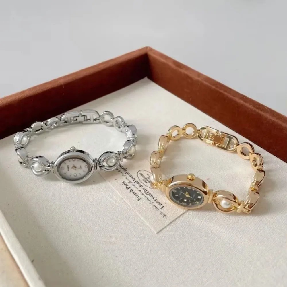 New Oval Dial Women's Watch Pearl Decoration Small Wristwatch Analog Display Bracelet Watch For Students Girls