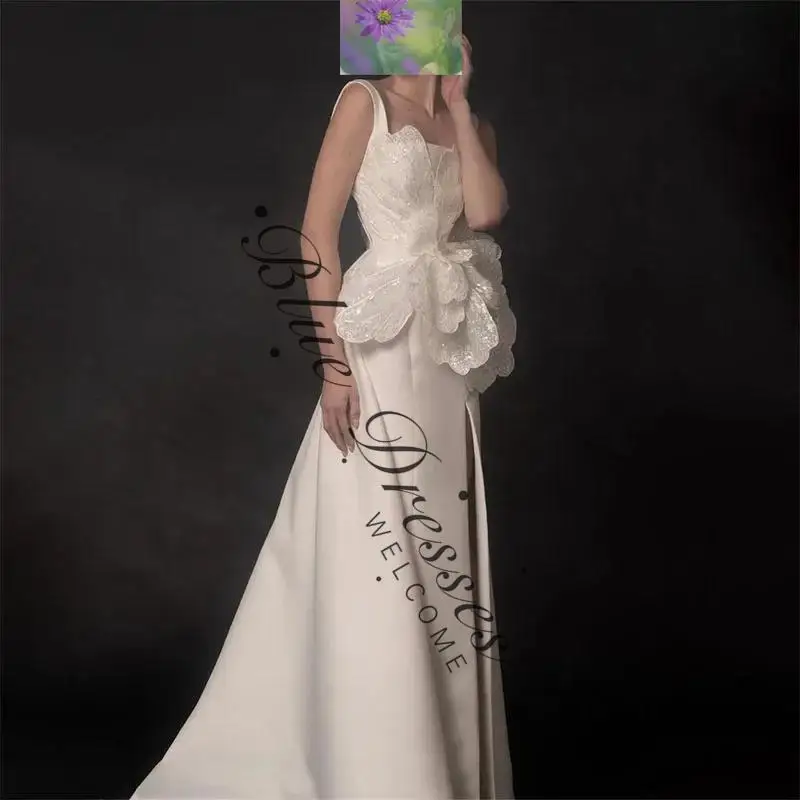 ชุดราตรีคอเหลี่ยมสำหรับผู้หญิง ดีไซน์หรูหรา ทรงเอไลน์ ประดับดอกไม้ สำหรับงานแต่งงาน งานเลี้ยง และงานพิธีการ