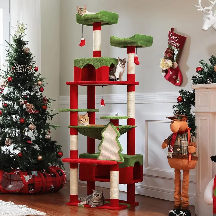 

PAWZ Road Christmas Cat Tree, 72 Inches Tall Cat Tower with 2 Perches, 2 Condos and Spacious Hammock, Attractive Cat House with