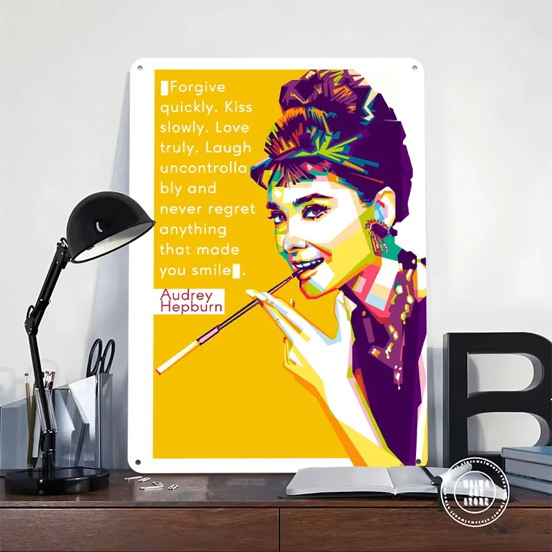 Audrey Hepburn in WPAP Printing Poster Customized Retro Wall Art Vintage Metal Signs for Mancave Bedroom Decoration Gaming House