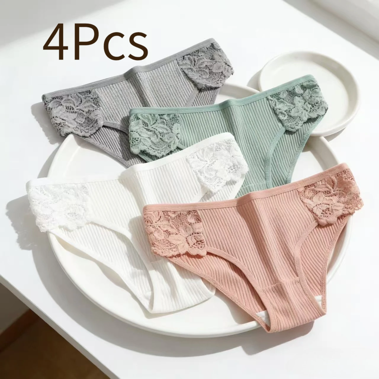 

4Pcs Comfort Panties Ribbed Cotton Women Pack Set Female Underpants Sexy Solid Color Lace Panty Briefs Intimate