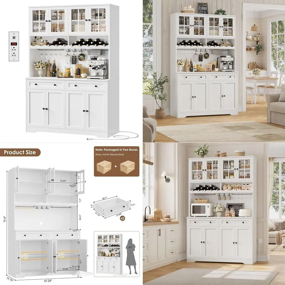 Armário de Cozinha Alto de 75,4 cm com Estação de Carregamento, Armário Moderno Branco com Suporte para Micro-ondas e Prateleiras para Vinhos, Grande F