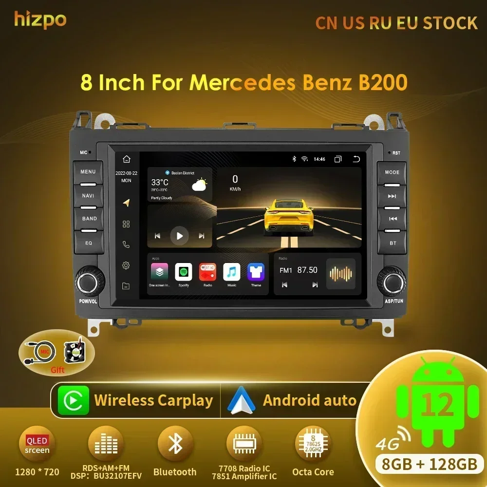 

Hizpo 8" Android Multimedia Screen for Mercedes Benz B200 Sprinter W906 W639 AB Class W169 W245 Viano Vito Car Auto Radio 8+128G