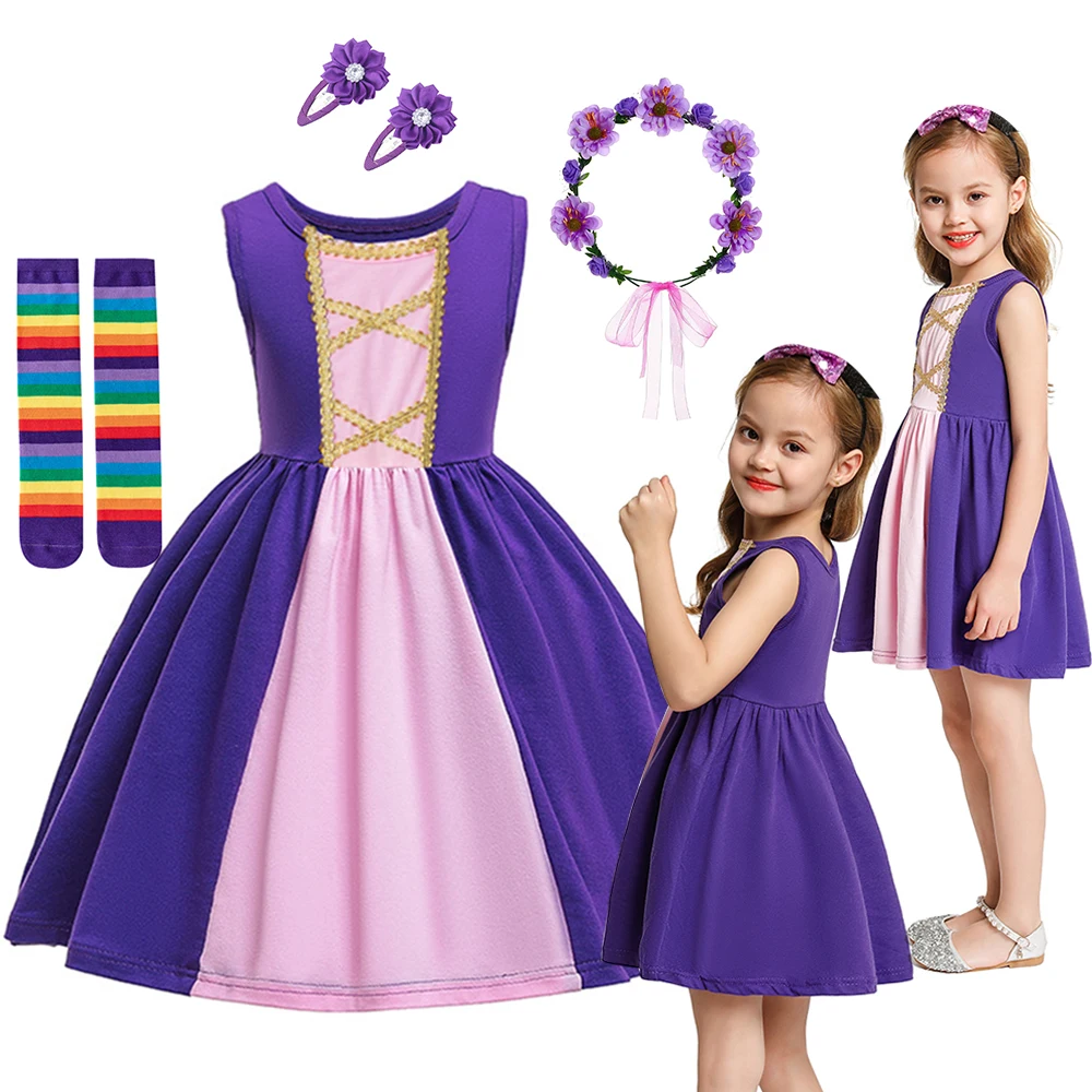 Kids Girl Princess Dress Casual Summer Sleeveless Patchwork Purple Dress Children Clothing Daily Snow White 2-8Y Toddler Outfits