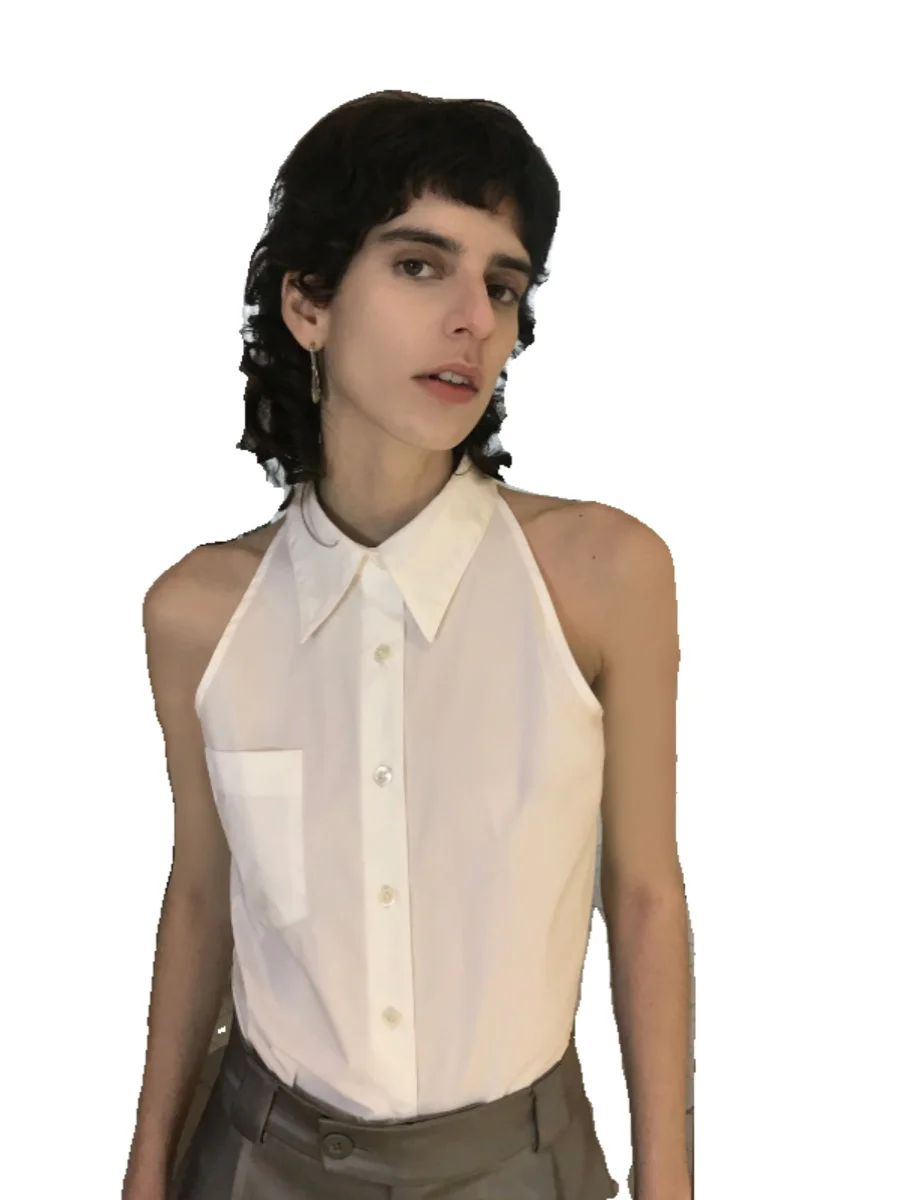 White Svel Ne Hanging irt صيف 2024 تصميم قاعدة الطبقة العلوية الكورية Sle فضفاضة تناسب زر التفاصيل مزيج البوليستر