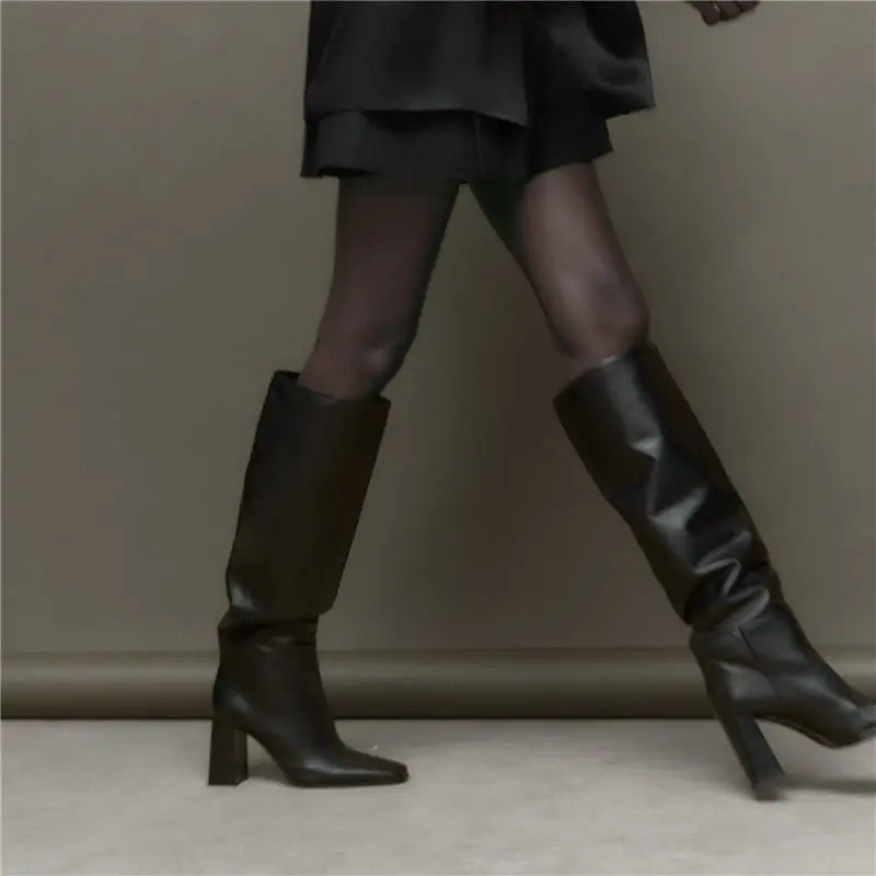 2023 ZA Fashion New Genuine Leather Boots Women Knee High Boots Round High Heels Square Toe Winter Boots