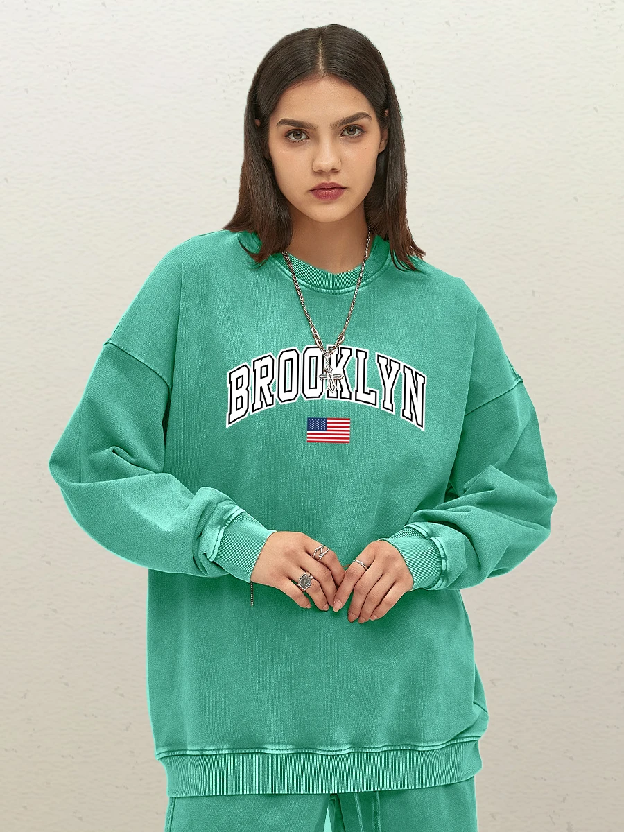 Brooklyn Art Letter Printed Pullover Women Cotton Loose Washed Sweatshirt Fashion Crewneck Streetwear Retro Loose Clothes