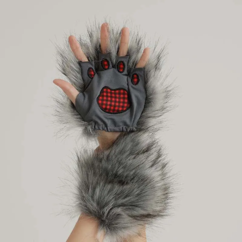Halloween pluche wolf klauw handschoenen grijze harige weerwolf poot kostuum want voor kinderen en volwassenen kerst grappige handschoenen