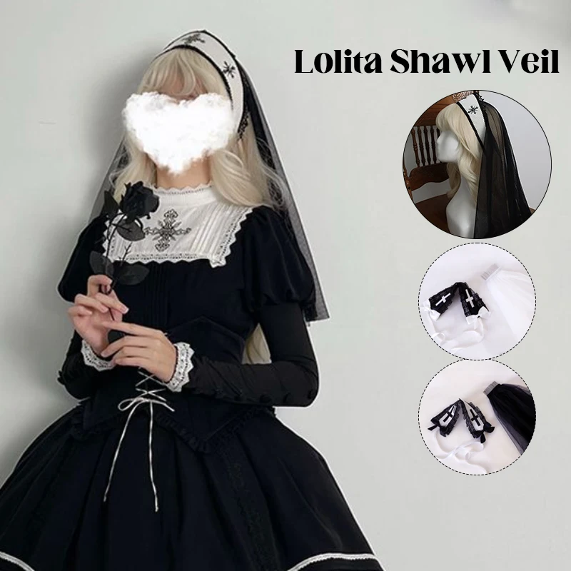 Lolita Style Church Cross Embroidered Shawl Veil Lolita KC Headband Sun Goddess Hair Accessories Gothic Baroque Tiara Crown