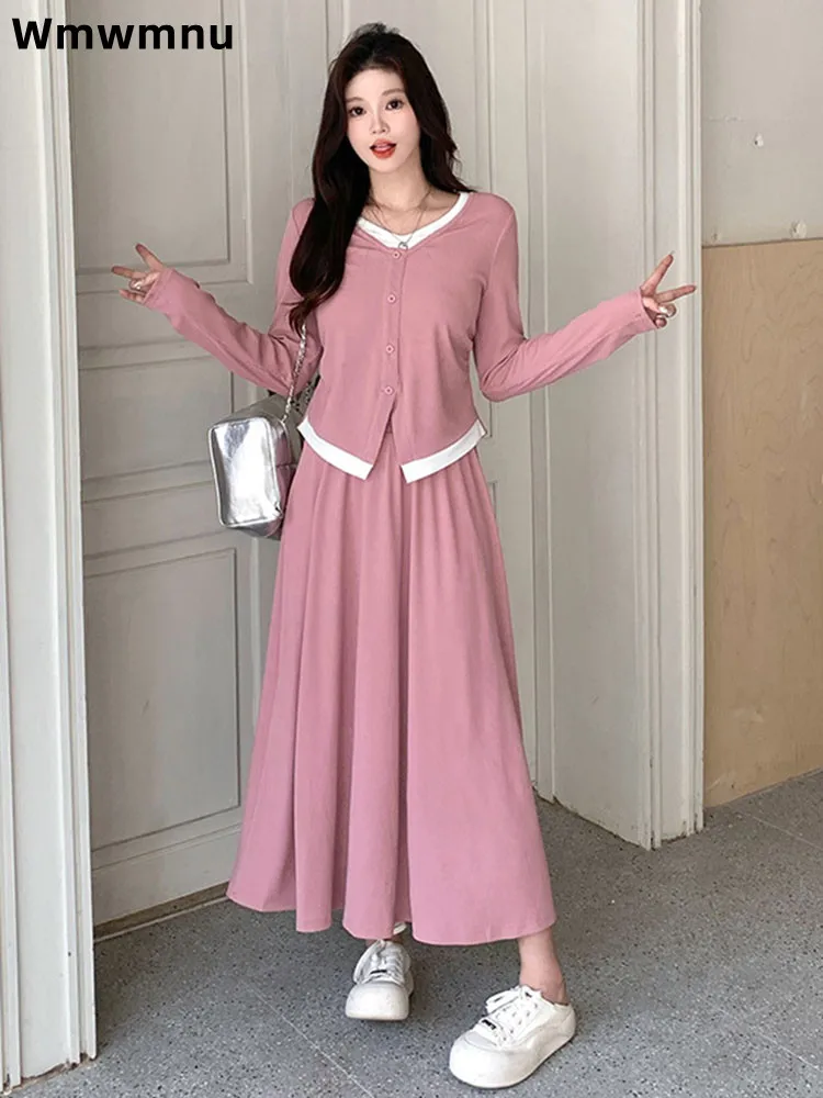 

Лоскутный вязаный женский повседневный тонкий комплект Conjuntos с длинными рукавами, корейский модный однобортный кардиган, ансамбли