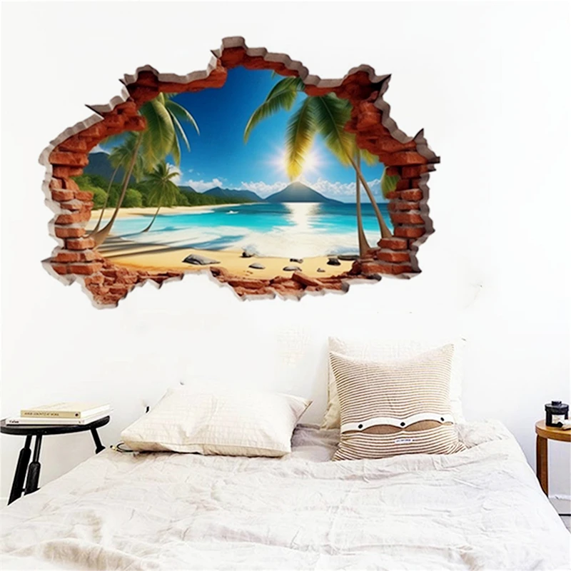 Sunshine Sea View Mural for Home Decoration Aesthetic Rooms Wall Hole Art Blue Water Beach Coconut Trees Vinyl Poster Stickers