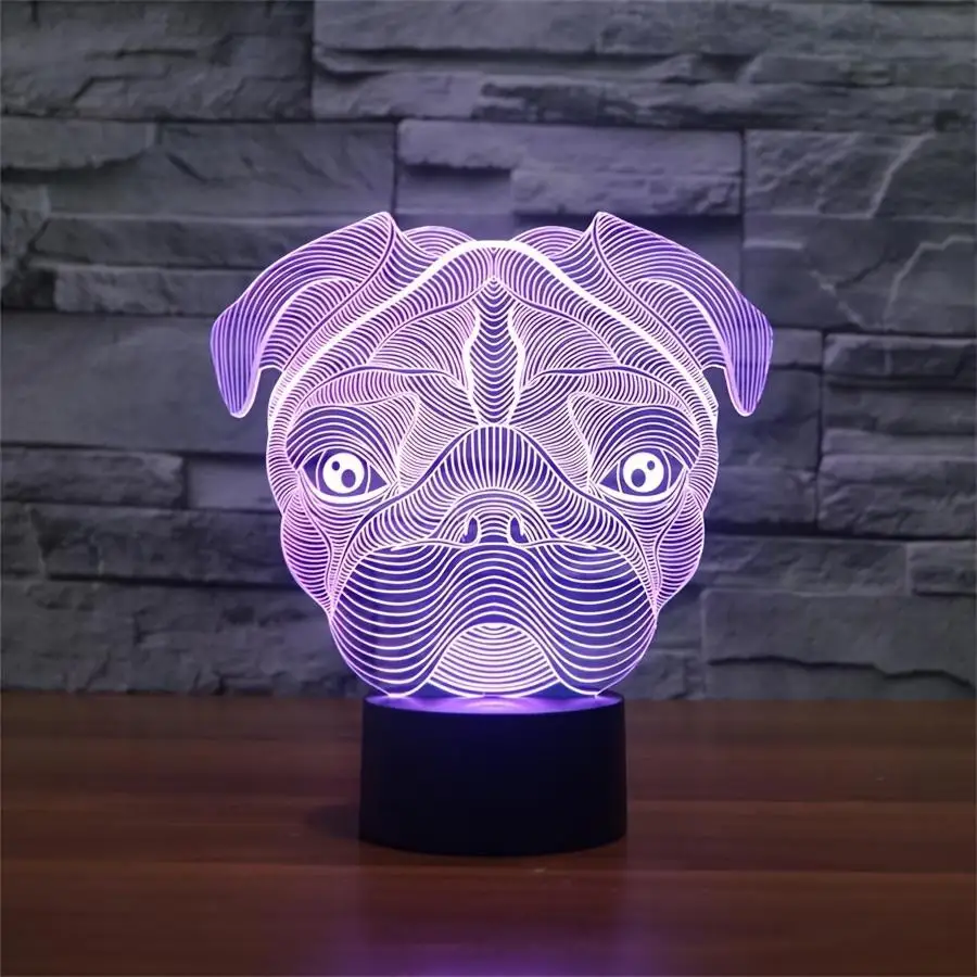 Pug Dog 3D Night Light with Touch Switch 7 Color Conversion Desk Lamp for Living Room, Bedroom, Study Decoration Lamps Kids Gift