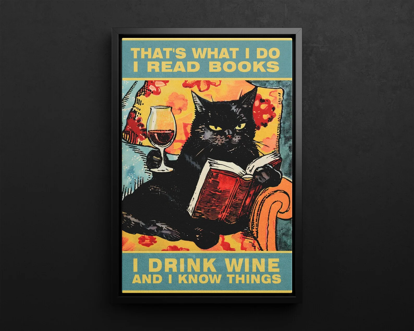 Black Cat Reading Book Drinking Wine Typography Poster or Canvas Print, Cat Wall Art, Quirky Black Cat Book Wine Lover Vintage A - view 5