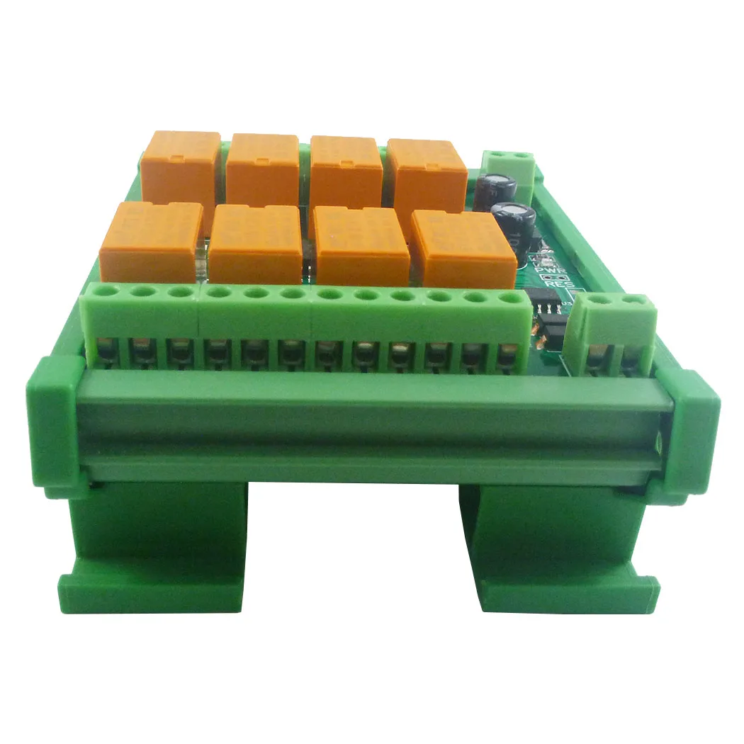 DIN C35 Relé Board, Rail Mount Box para PLC, HMI, DC 12V-24V, 8 Canais, Tamanho Micro, Baixo Consumo de Energia, RS485, RS422