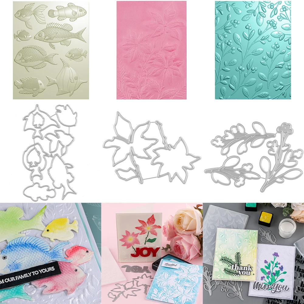 Flower Foliage 3D Embossing Folder and Matching Dies Fishes Doodle Background for DIY Scrapbooking Adding Textured Paper Craft