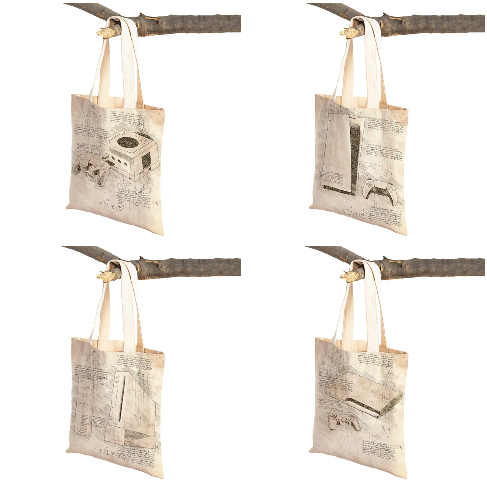 Vintage Sketch Video Game Women Shopping Bags Double Print Casual Canvas Handbag Art Gamer Shoulder Shopper Bag Lady Tote