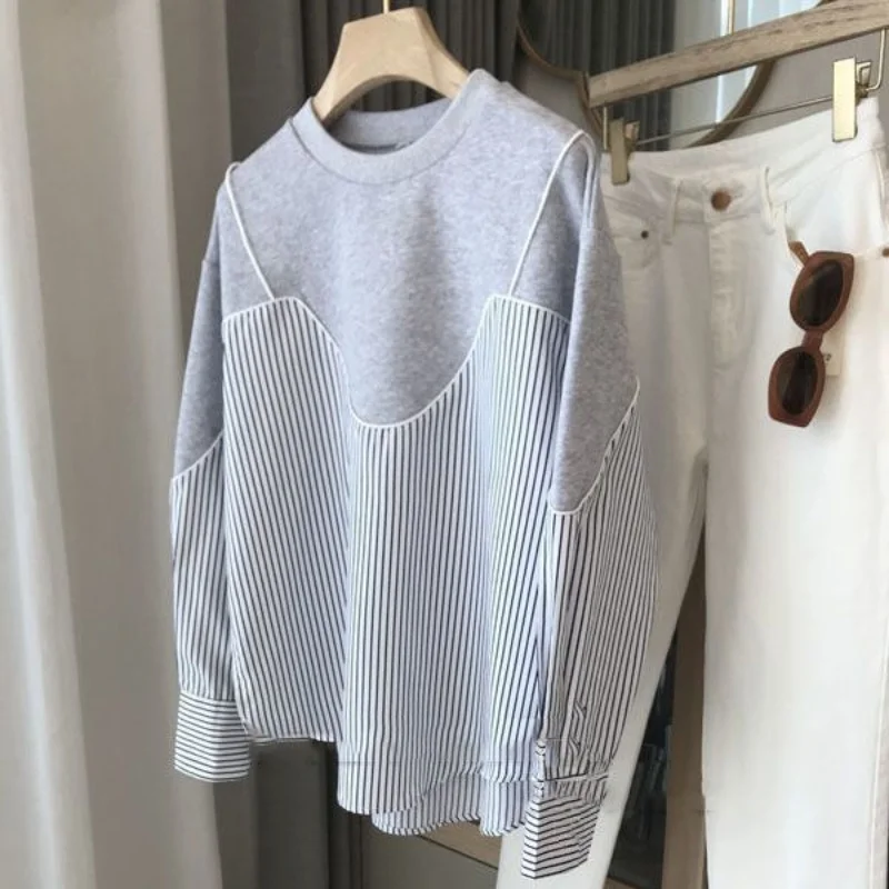 Kadın Kore Gevşek Iki Parçalı Set Çizgili Tişörtü İlkbahar Sonbahar Yeni İşe Gidip Moda Uzun Kollu Patchwork Kadın için Tops