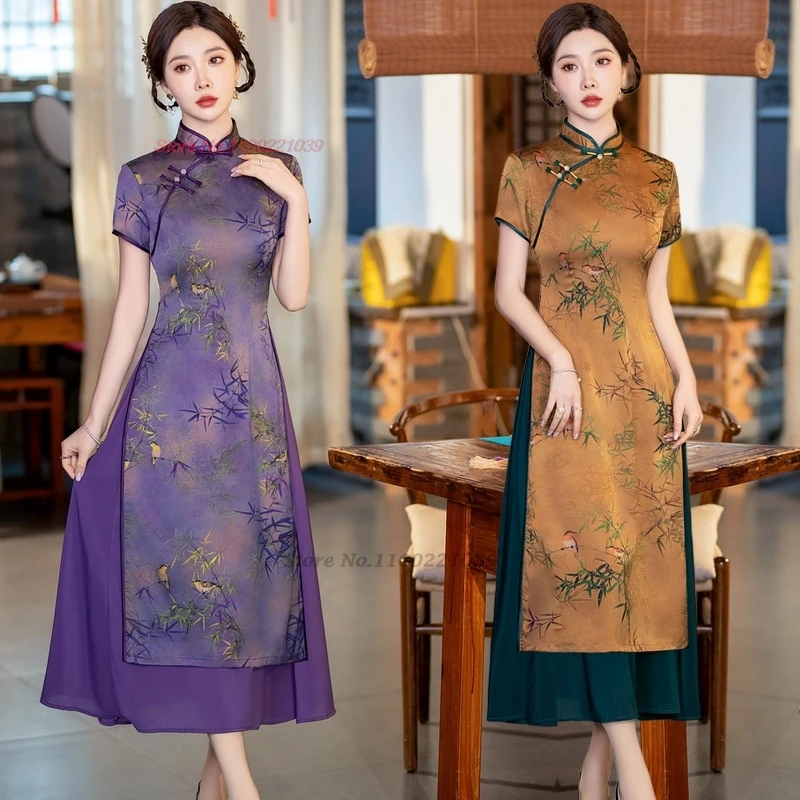 

2024 vietnam aodai dress traditional chinese vintage qipao dress national flower print improved cheongsam oriental banquet dress