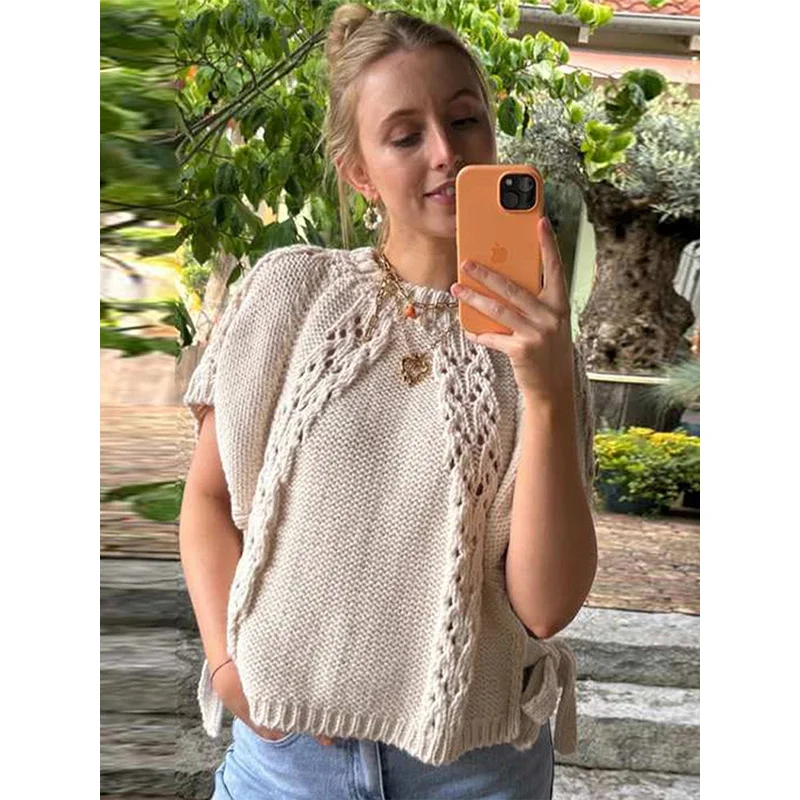 

Casual Knitted Hollow out Top Women O-neck Lace up Short Sleeves Female T-shirt 2024 Autumn Fashion New Lady Vacation Streetwear