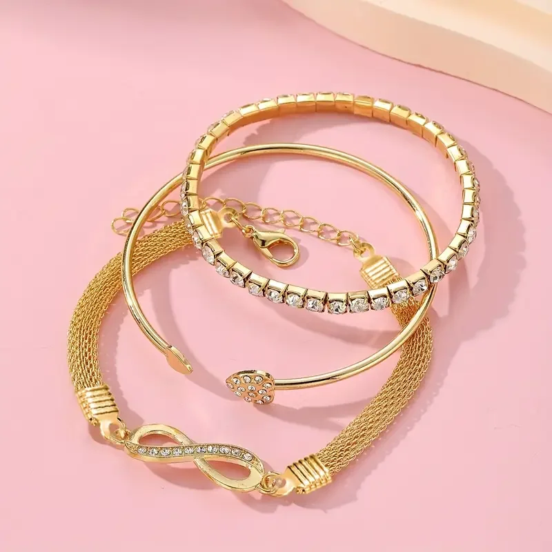 3pcs/Set Vintage Crystal Rhinestone Heart Bracelets for Women Fashion Geometric Adjustable Infinity Cuff Bangle Jewelry Gifts image 4