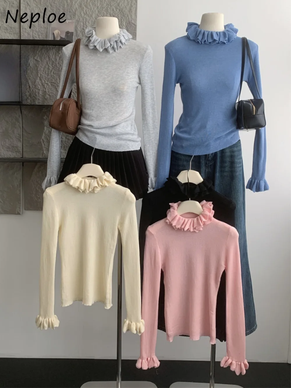 

Neploe Slim Knit Elasticity Fungus All-match Undershirt Western Personalized Korea Tops Streetwear Sweet Harajuku Women Clothing