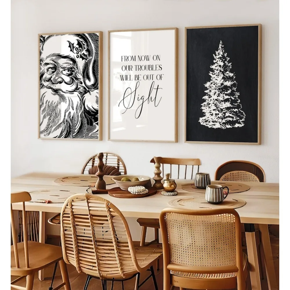 3 Pieces of Frameless Christmas Printable Art,Black and White Red Retro Santa Claus Prints,Christmas Posters,Christmas Gifts