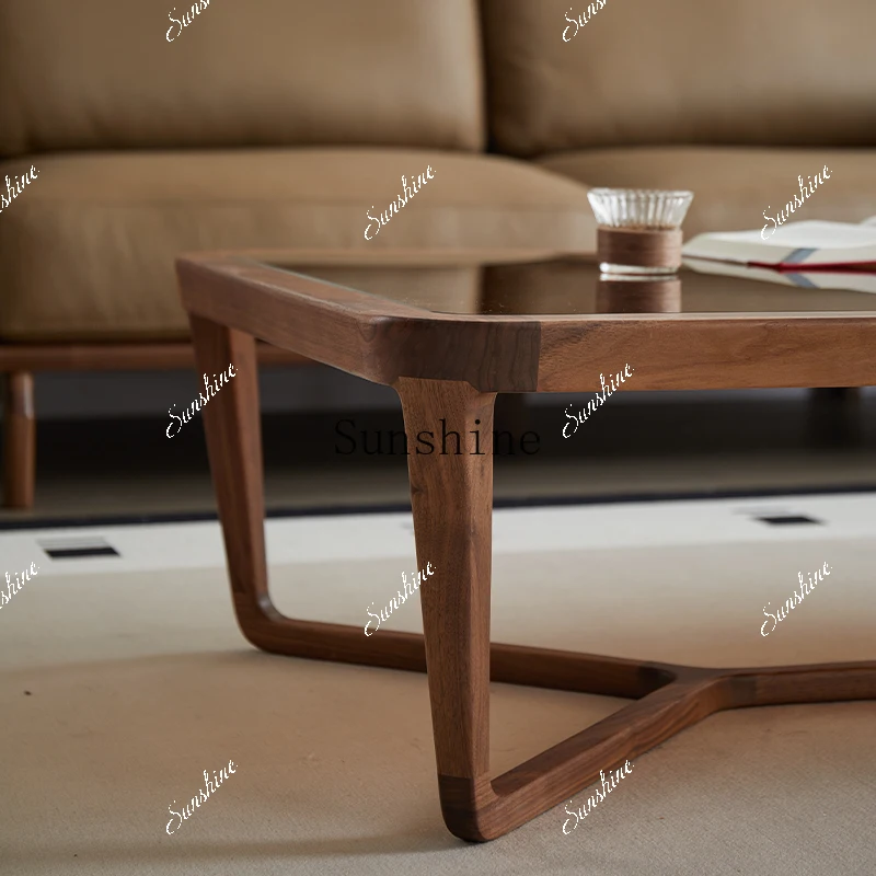Simple and modern small apartment glass coffee table, living room, black walnutP
