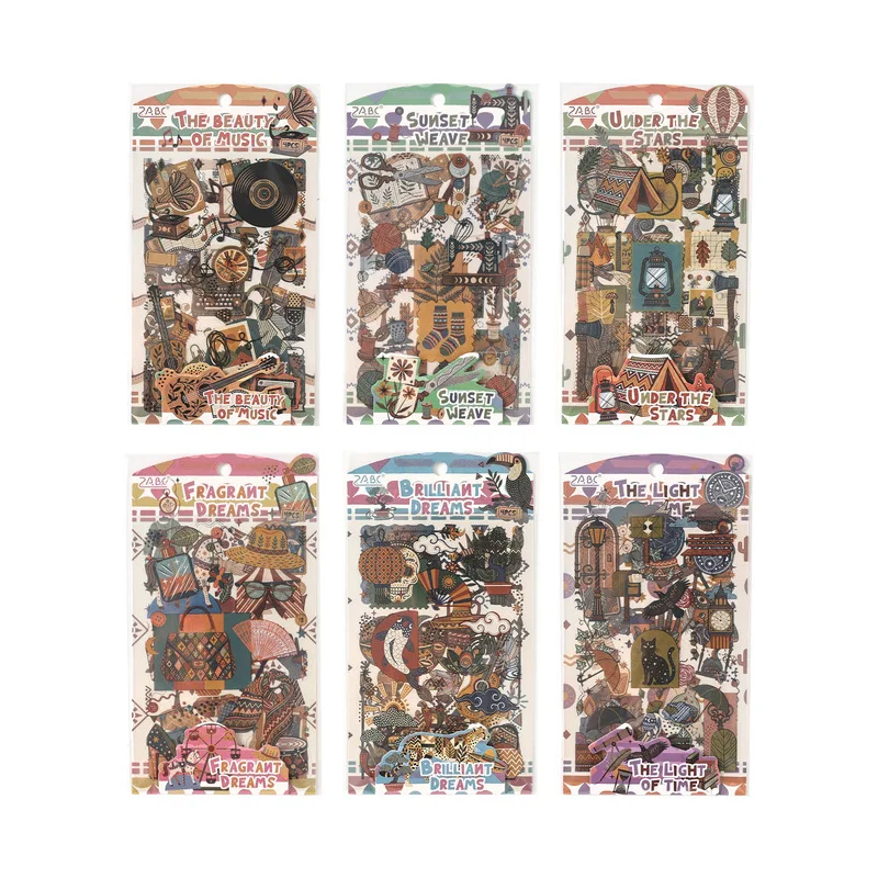 4pcs/lot Vintage Western Pattern Label Flat Stickers, American Western Style DIY Journal Collage Stickers pack