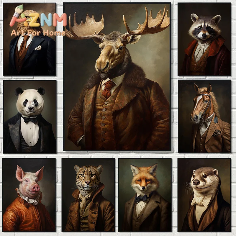 Renaissance Rabbit Panda Moose Sheep Leopard Animal Portrait Poster Canvas Paintings Wall Art Pictures Home Decor