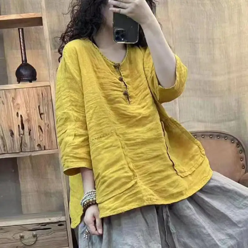 Summer Arts Style Women Batwing Sleeve O-neck Tee Shirt Femme Tops Vintage Double Pockets Cotton Linen Loose Tshirt Good Quality