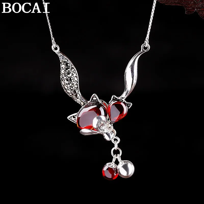 BOCAI New S925 Sterling Silver Jewelry Vintage Fashion  Pomegranate Red Fox Necklace Women's Selected Gift